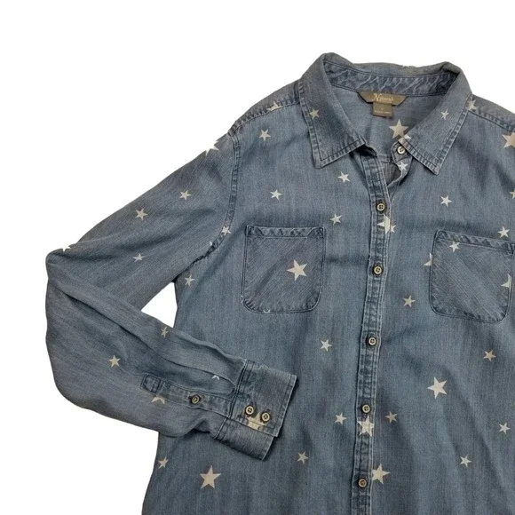 Natural Reflections Button Up Chambray Shirt Womens Sz M Star Print Blue Lyocell - Picture 13 of 14